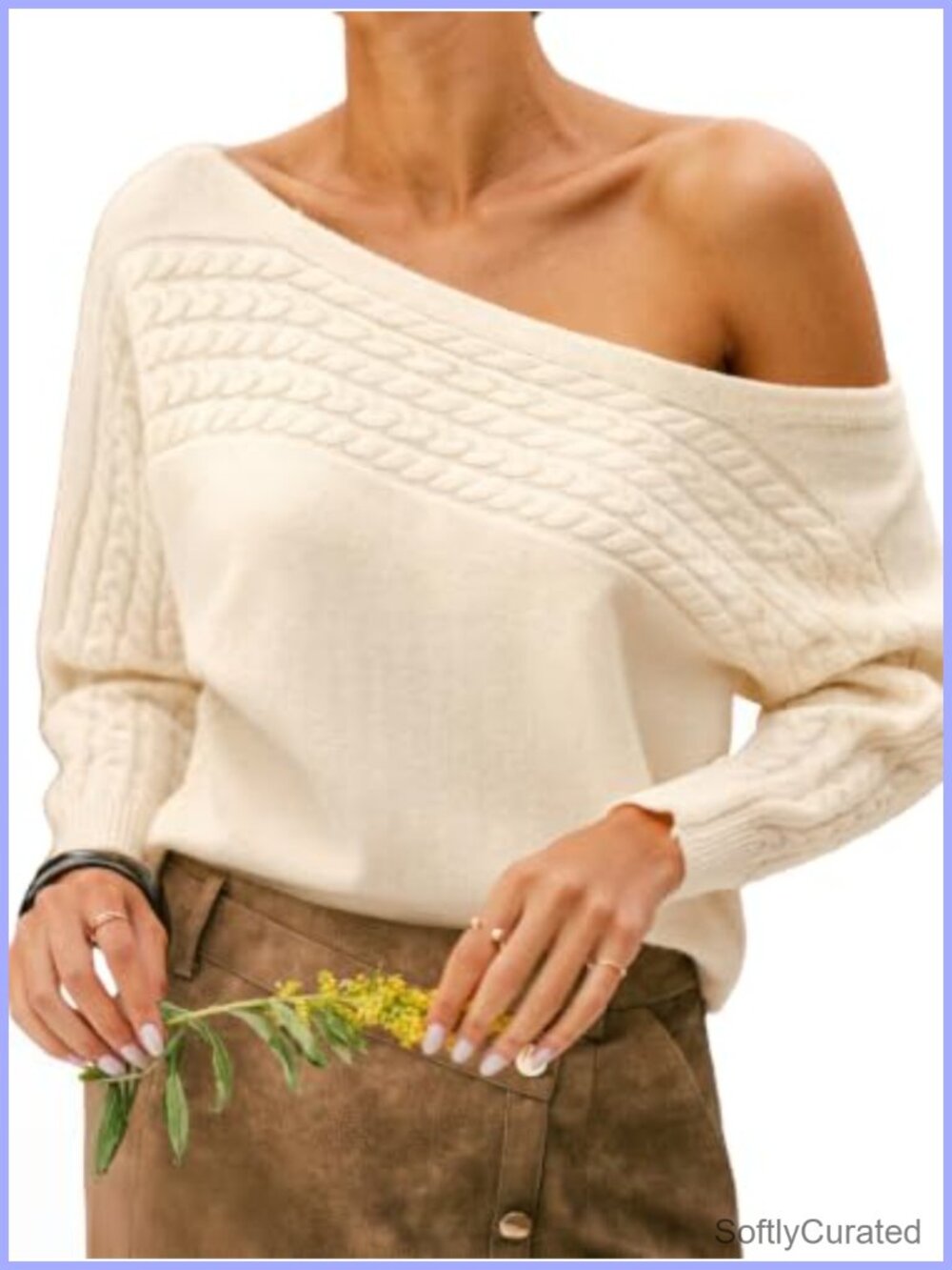 Women's Cable Knit Boat Neck Pullover Sweater Loose Fit Long Sleeve